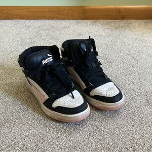 PUMA High-Top Sneakers in Black and White with Pink Accents
